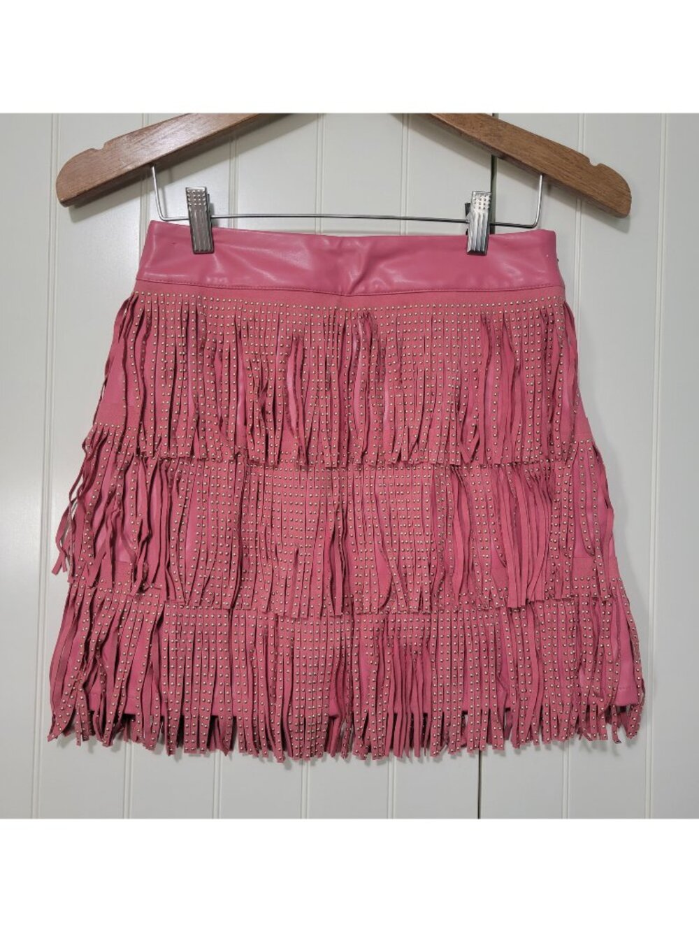 Dolly Barbie Cowgirl Rodeo Pink Faux Leather Studded Fringe Tiered Mini Skirt S